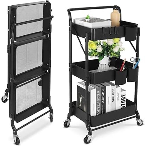 Foldable 3 Tier Metal Utility Rolling Cart, Folding Mobile Multi-Function Storage Trolley Organizer Cart for Home Library Office(Black)