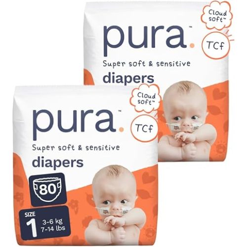 Pura Baby Diapers Size 1 (7-14 lbs) 80 Count Sensitive Skin