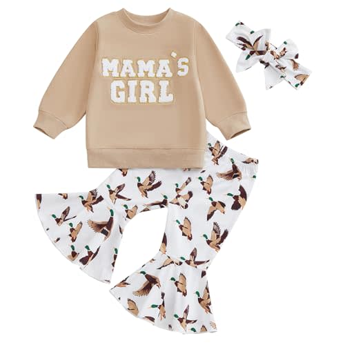 MAINESAKA Toddler Girl Duck Hunting Outift Mama's Girl Baby Clothes Bell Bottom Embroidery Sweatshirt Pants 3 Piece Boho Set