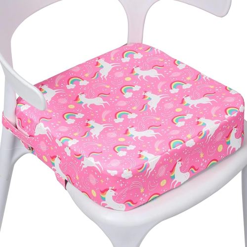 Toddler Booster Seat for Dining Table, Portable Kids Booster Seat with Safety Buckles, High Cushion for Travel with Non-Slip Bottom (Pink Unicorn)