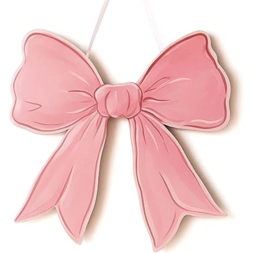Pink Bow Wooden Wall Sign - Cute Girls Room Decor, Preppy Hanging Plaque for Dorm Nursery Door