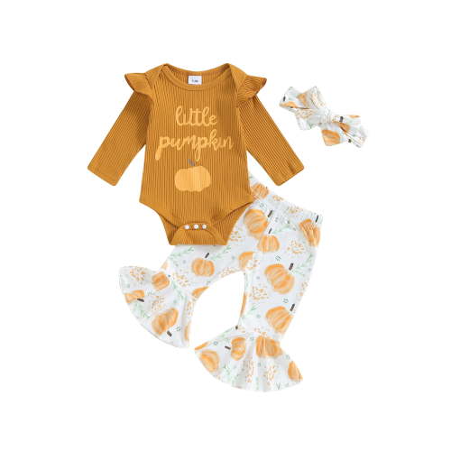 Baby Girls Fall Outfits Letter Print Long Sleeve Romper+Pumpkin Flared Pants+Headband Set