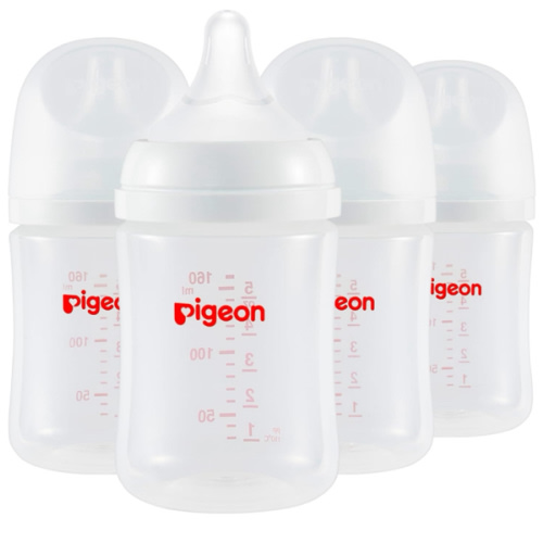Pigeon PP Nursing Bottle Wide Neck, Anti-Colic, Streamlined Body, Natural Feel, Easy to Clean, 5.4 Oz (Pack of 4), Includes 4pcs SS Nipples (0m+)
