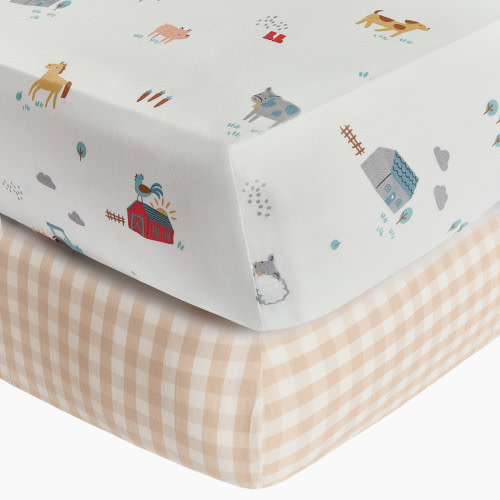 Soundly Percale Organic Crib Sheet Bundle - Farm + Tan Gingham