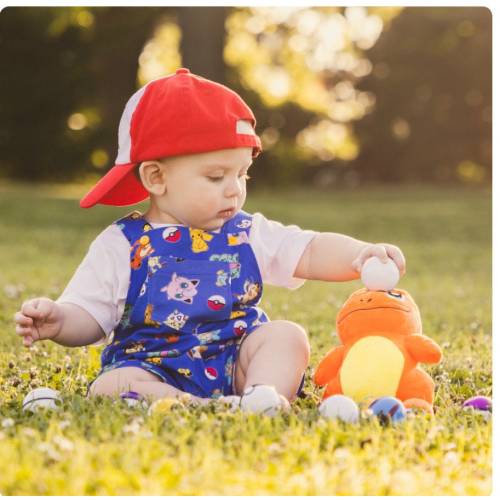 Gotta Catch Em' All Overall Short Romper made with licensed Pokemon Fabric. Toddler Overall Romper. Kid's Overall Romper