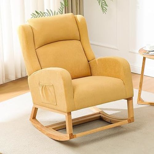 Nursery Rocking Chair, Rocking Chair Nursery with Foot Rest, Comfy Wingback Glider Rocking Armchair with Side Pocket for Mom Nursery Living Room Bedroom, Yellow