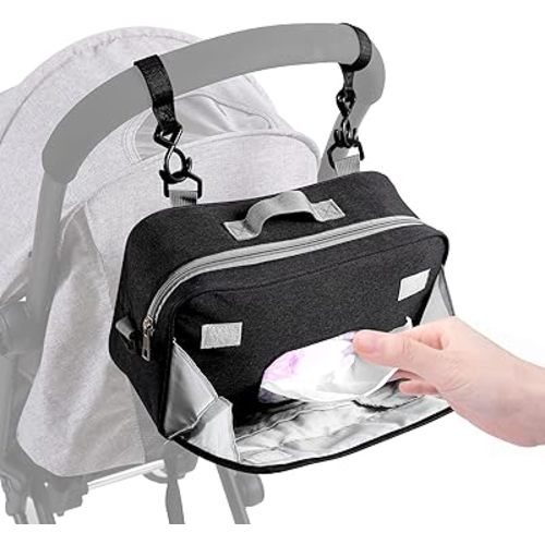 TRENDPLAY Small Diaper Bag, Mini Stroller Organizer Caddy with Wipe Pockets Caddy Parent Console with Stroller Straps Fit All Strollers, Black
