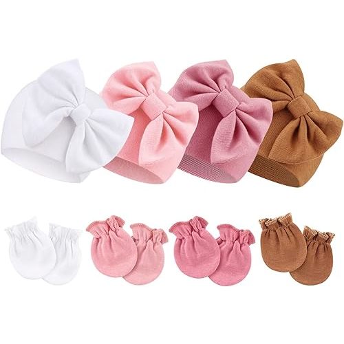 Baby Hats and Mittens Set Toddler Bow Beanie Infant Cap Newborn Hospital Hats for Baby Boys Girls Essentials 0-6 Months