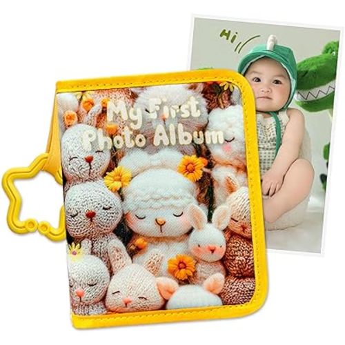 Baby's My First Family Album Baby Photo Albums Soft Photo Cloth Book with Baby-Safe Mirror Holds 17 4x6 Photos for Newborns, Toddlers, Baby Shower