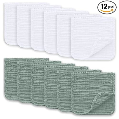 Ease Cubs Muslin Burp Cloths Large 100% Cotton Hand Washcloths for Boys & Girls, Baby Essentials Extra Absorbent and Soft Burping Rags for Newborn Registry (White & Green, 12-Pack, 20" X10")