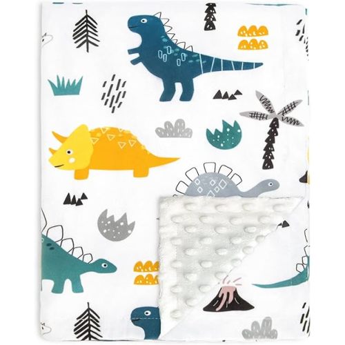 HOMRITAR Baby Blanket for Boys Girls Soft Plush Minky Blanket with Double Layer Dotted Backing for Stroller Crib Newborns with Cute Dinosaurs Multicolor Printed 30 X 40 Inch