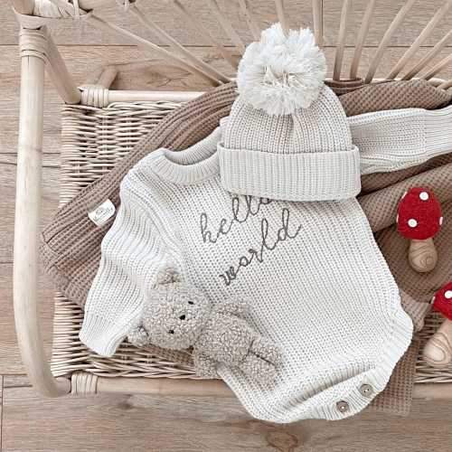 Baby newborn knit set, Newborn outfit, Neutral baby knits, Newborn photoshoot Outfit, Birth Announcements, New baby Gift, Romper Hello world