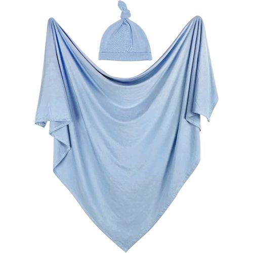 OWLOWLA Swaddle Blanket and Hat Set Newborn Swaddle Wrap Baby Receiving Blanket for Baby Boys Girls(Baby Blue)