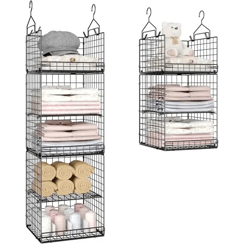 5 Tier Closet Hanging Organizer and Storage Separable Hanging Closet Shelves with 4 Hanging Hooks 2 Adjustable Dividers, Wire Storage Basket Bins for Clothing Sweaters Socks Dolls Handbags, Foldable