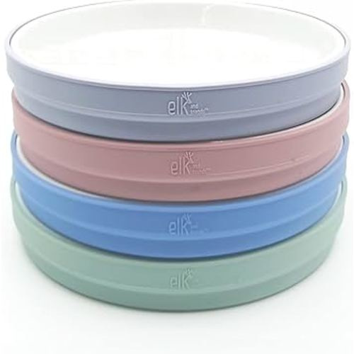 Elk and Friends Kids 7.8” Porcelain White Plates with Silicone Sleeves | Suitable for Kids/Toddlers | Microwave & Dishwasher Safe | Non Slip | Snack Dishes