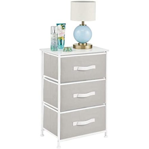 mDesign Vertical Dresser Storage Tower - Sturdy Steel Frame, Wood Top, Easy Pull Fabric Bins - Organizer Unit for Bedroom, Hallway, Entryway, Closets - Textured Print - 3 Drawers - Grat/White - Light Gray/White
