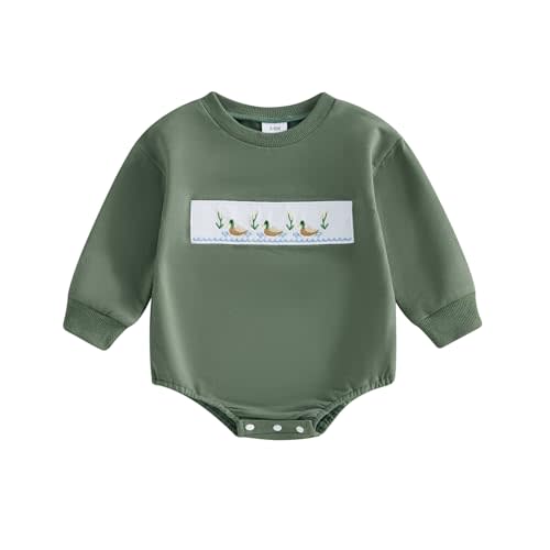 Scloutarry Newborn Baby Boy Hunting Clothes Mallard Duck Embroidery Sweatshirt Romper Oversized Bubble Romper Playsuit - 6-12M