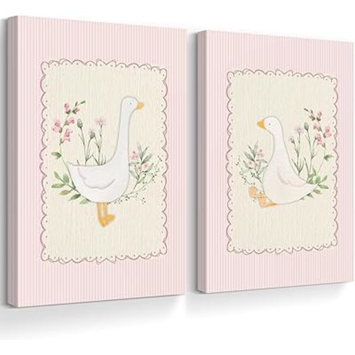 Vintage Nursery Wall Art Silly Goose Canvas Poster Pink Coquette Wall Decor Girls Room Pictures Baby Kids Poster Cute Animal Prints Floral Painting Artwork for Gallery Bedroom 16x24 Inch Ready to Hang