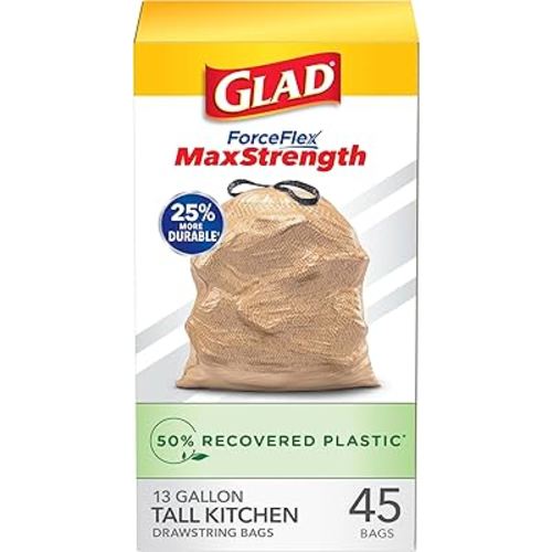 Glad Tall Kitchen Trash Bags 13 Gallon, MaxStrength Recovered Plastic Garbage Bags, Odorshield with Drawstring, 45 Count