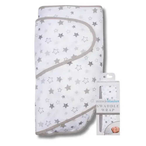 Miracle Blanket Swaddle Wrap – Help Your Newborn Sleep Longer – Soft & Secure Sleep Sack for Infants – Easy-to-Use Swaddling Blanket for a Calm Baby (Gray Stars)
