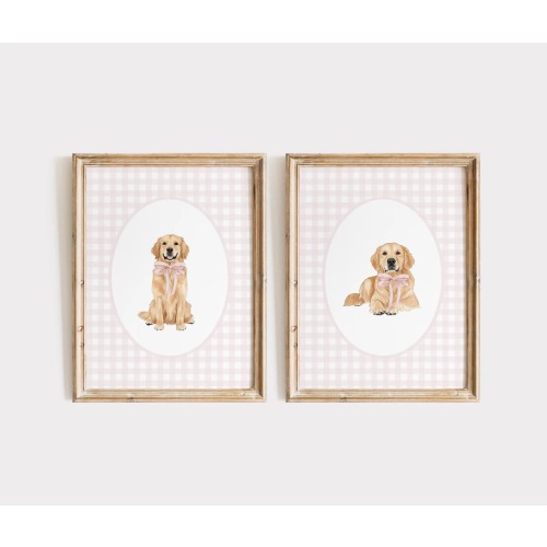 Golden Retriever Print Set Nursery Decor, Watercolor Dog Nursery Print, Baby Girl Nursery, Pink Gingham Wall Prints Dog, Coquette Pink Bow