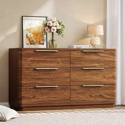 6 Drawer Dresser for Bedroom, 54" Wide Modern Chest of Drawers with Metal Handle, Curved Profile Design, Wooden Walnut Dresser Closet Clothes Storage TV Stand for Living Room, Hallway