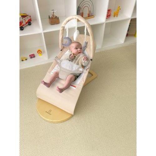 Avenlur Fir Baby Bouncer - Wooden Rocker with Play Arch & Hanging Toys, Foldable Portable Design for Newborns & Toddlers, Soft & Safe Fabric