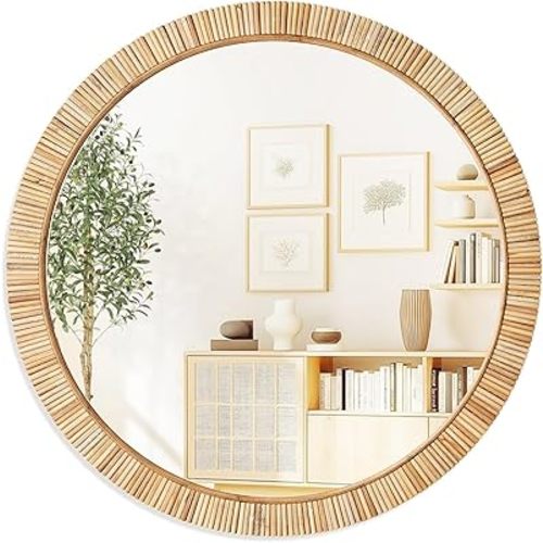 24" Decorative Wall Mirror with Natural Rattan Frame, Round Boho Bathroom Mirror Modern Makeup Mirror Contemporary Wall Mirrors for Bedroom, Living Room & Vanity Versatile Farmhouse Design