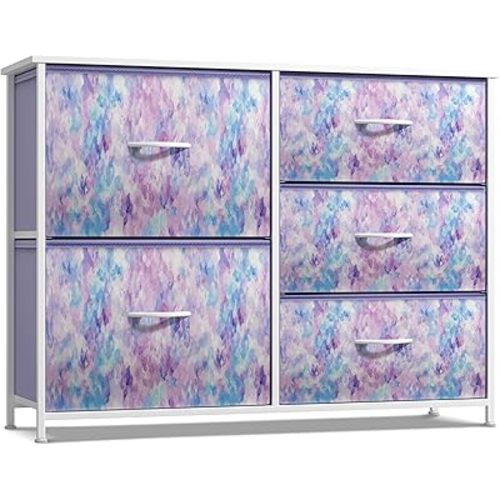 Sorbus Kids Dresser with 5 Drawers - Storage Chest Organizer Unit with Steel Frame, Wood Top & Handles, Tie-dye Fabric Bins for Clothes - Wide Furniture for Bedroom Hallway Kids Room Nursery & Closet