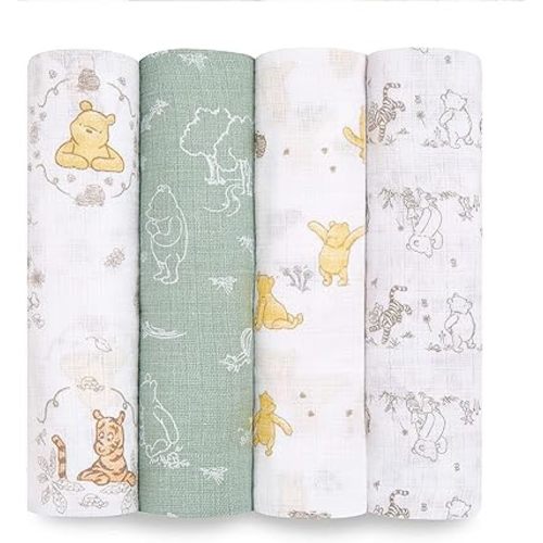 aden + anais Essentials Disney Muslin Swaddle Blankets for Baby Girls and Boys, Newborn Receiving Blanket for Swaddling, 100% Cotton Baby Swaddle Wrap, 4 Pack, Winnie + Friends