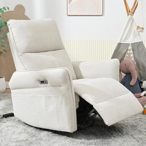 Power Swivel Rocker Recliner Chair for Nursery, Upholstered Snowflake Velvet 270°Swivel Glider Rocker Chair with USB Ports, Small Power Recliners for Small Spaces Living Room