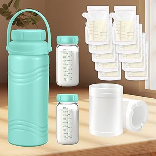Breastmilk Cooler Bottle with 10 BreastMilk Storage Bag,Portable Breast-Milk Cooler,17oz 24H Cooling breastMilk Chiller with 2pc BREASTMILK Storage Bottle,Milk-coolerr for BreastMILK Travel