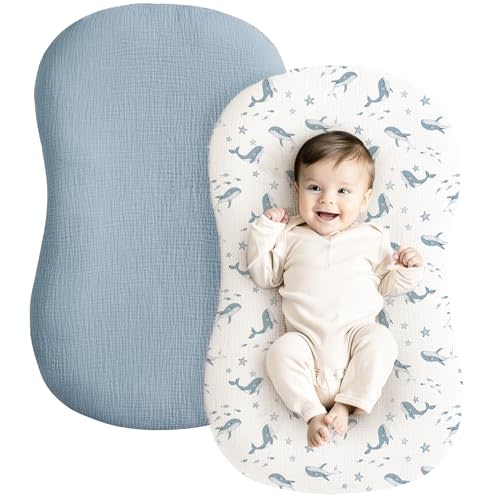 Konssy Muslin Baby Lounger Cover 2 Pack, 100% Cotton Newborn Lounger, Soft and Breathable for Boys Girls, Covers Only (Blue Whale, Blue)
