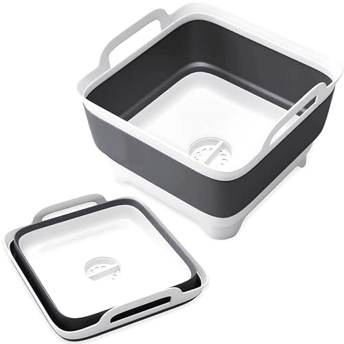 VAMAKO Collapsible Wash Basin with Drain Plug - 2.4 Gal(9L) Wash Basin for Baby Bottles, Foldable Dish Pans for Kitchen Sink & Camping & Hand Washing Station, Wash Bin, Laundry Tub, Portable Dish Tub