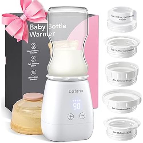 Befano Portable Bottle Warmer, 2Min Fast Heating Bottle Warmer with 5 Adapters, 5 Gears Temperature Smart Control, Cordless Travel Baby Bottle Warmer for Breastmilk or Formula, White