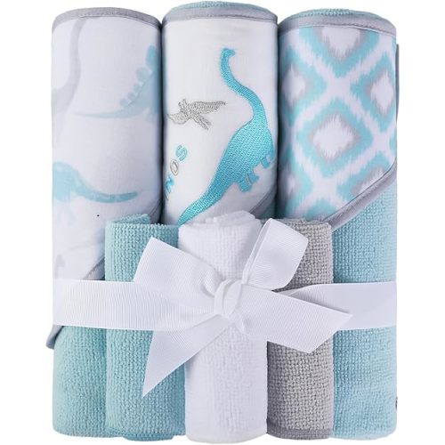 Softan Baby Hooded Towels and Washcloths Set 6 Pack, 28x28 Ultra Soft & Absorbent Baby Bath Towels for Newborn Infant Toddler, Unisex Boys Girls (Blue Dionsaur)
