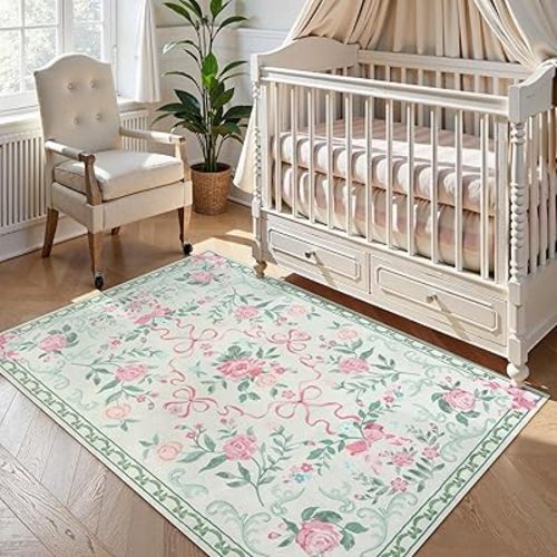 Collive 3x5 Nursery Rug, Boho Green Floral Area Rugs Machine Washable, Soft Ultra-Thin Bow Carpet Non Slip for Girls Room Bedroom Entryway Playroom Living Room (Green, 3' X 5')