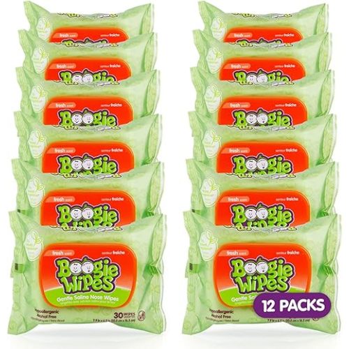 Saline Nose Wipes by Boogie, for Baby & Kids, Face, Hand & Body, FSA/HSA Eligible, Made with Vitamin E, Aloe, and Natural Saline, Fresh Scent, 30 Count (Pack of 12)