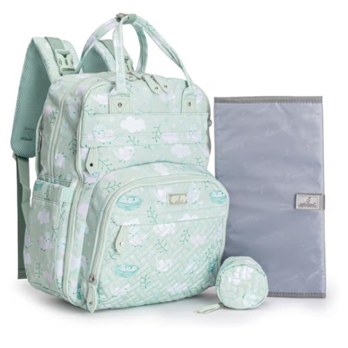 BabbleRoo Unisex Diaper Bag Backpack, Green Birdy