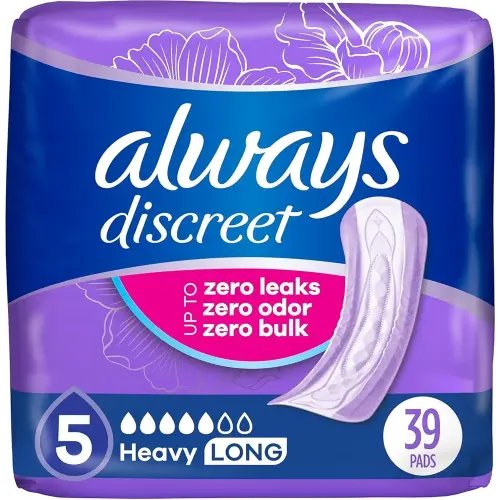 Always Discreet Adult Incontinence Pads for Women, Heavy Absorbency, Long Length, Postpartum Pads, Up to 100% Bladder Leak Protection, 39 Count (Packaging May Vary)