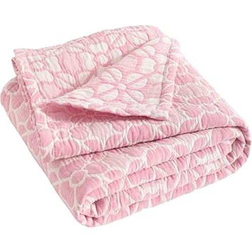NTBAY 3 Layer Oversized Muslin Cotton Toddler Blanket, 45x60 Inches Jacquard Reversible Nursery Bed Blanket, Super Soft and Thermal Crib Blanket for All Seasons, Baby Gift, 45"x60", Pink Clover