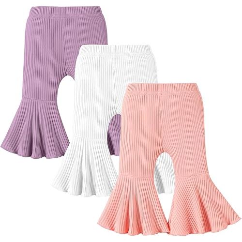 DREAM BUS 3 Pack Baby Girl Pants Toddler Leggings Solid Ribbed Cotton Baby Girls Flare Pants Toddler Bell Bottoms