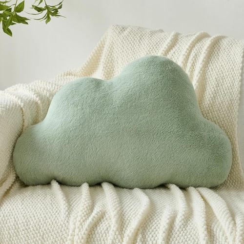 Cloud Pillows, Decorative Throw Pillow with Soft Plush for Couch Bed, Cloud Shaped Pillow Room Decor with Fluffy Faux Rabbit Fur for Living Room Bedroom (Sage Green, 11.8x18.5 Inches)