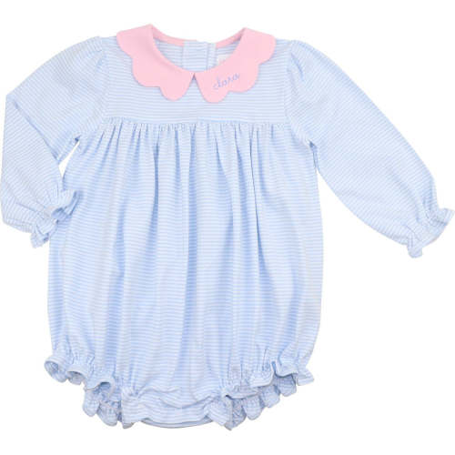 Blue Striped Knit Scalloped Collar Bubble