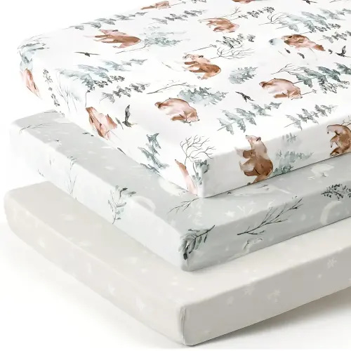 Stretchy Ultra Soft Jersey Knit Fitted Pack n Play Sheets 3 Pack, Portable/Mini Crib Sheets for Boys and Girls, Universal Fit for Pack N Plays Safe and Snug, Stylish Pattern of Bear and Wolf Print