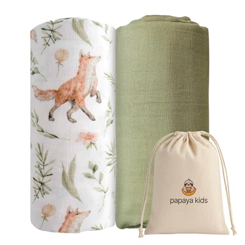 Papaya Kids Muslin Swaddle Blankets - Soft Breathable Baby Swaddle Wrap, Bamboo Viscose & Cotton Receiving Blankets for Newborns, 2-Pack (Green & Forest)
