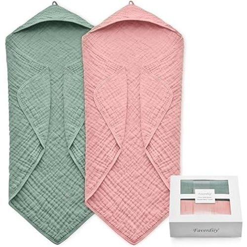 Hooded Baby Towels for Newborn, 35x35 Inch 2 Pack 100% Muslin Cotton Baby Bath Towel with Hood for Baby Toddler and Kids Baby Boy & Girl Towels, Dusty Pink+ Roman Green