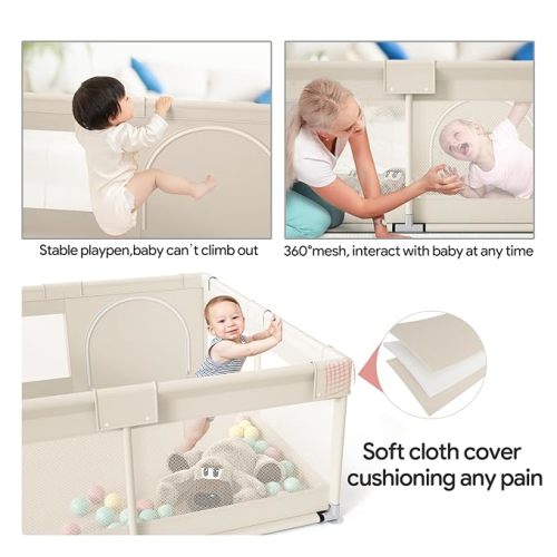 Fodoss Baby Playpen, Upgrade Playpen for Babies and Toddlers, 47x47x26inch Beige Play Pen for Babies with Hand Pulling Ring, Play Pen Center for Kids,Baby Fence,Baby Playards - 47x47inch Beige - 47x47 Inch