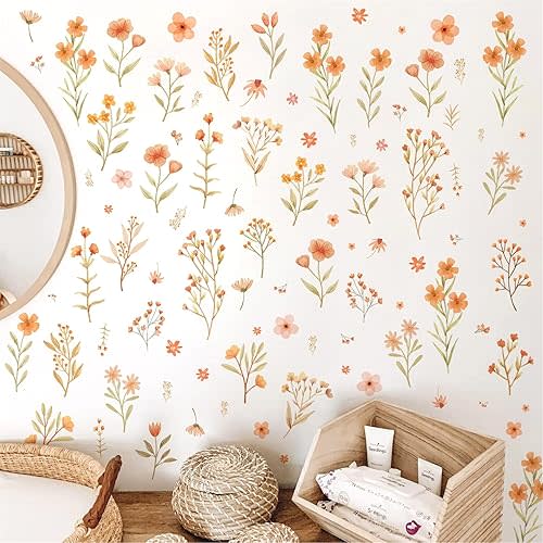 Boho Small Flowers Wall Stickers Watercolor Small Floral Wall Decals Peel and Stick Cute Botanical Wildflower Wall Decals Small Floral Wall Stickers for Girls Room Bedroom Nursery Decor