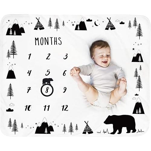 Baby Monthly Milestone Blanket Boy - Bear Newborn Month Blanket Unisex Neutral Personalized Shower Gift Woodland Nursery Decor Photography Background Prop with Frame Large 51''x40''
